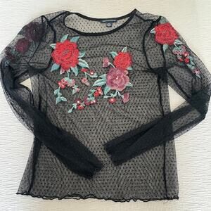 American Eagle Sheer Mesh Embroidered Floral Top Medium Vixen Whimsigoth